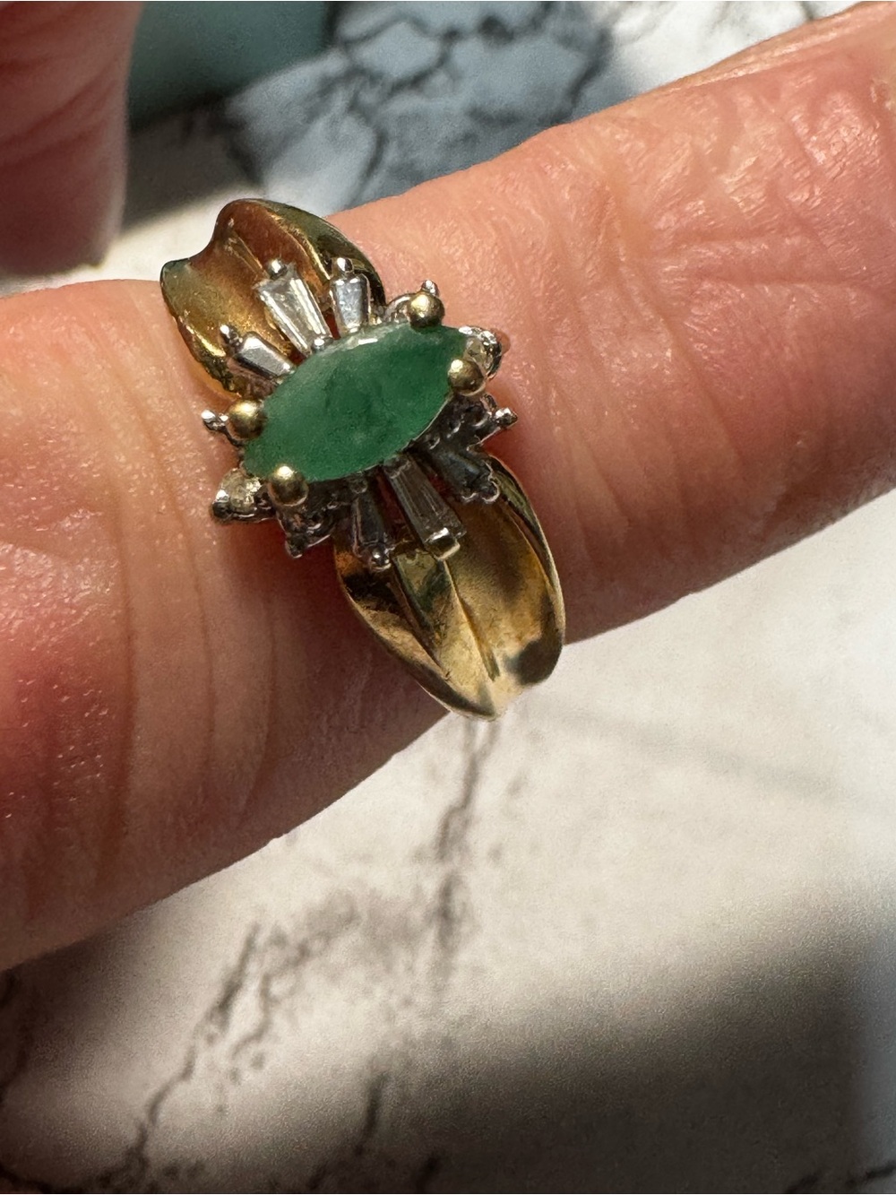 Vintage 10k Gold Marquise Emerald & Diamond Ballerina Cluster Ring Size 7